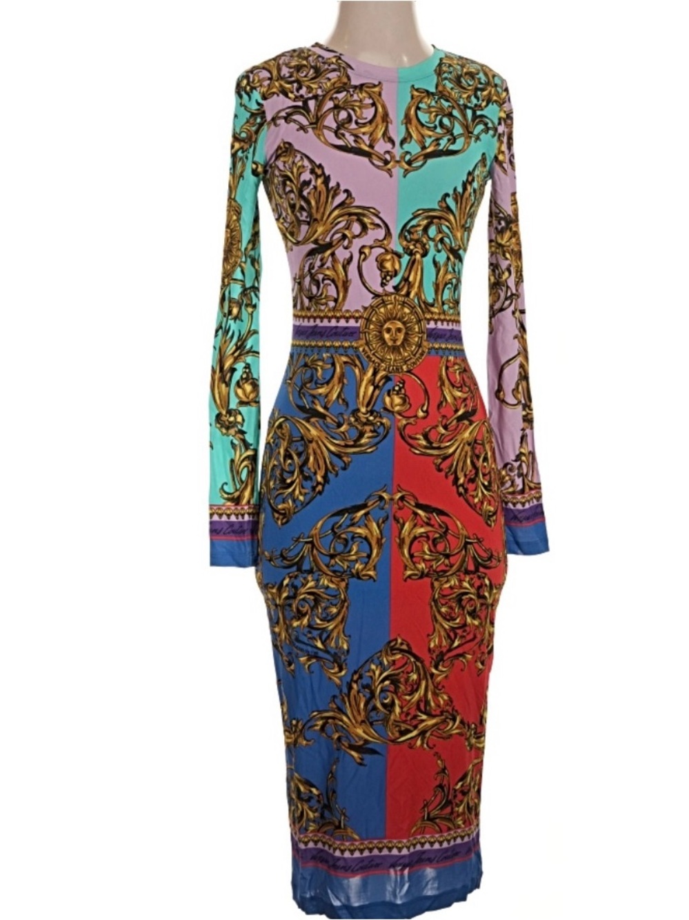 VERSACE JEANS COUTURE Multicolor Baroque Long Sleeve Midi Dress